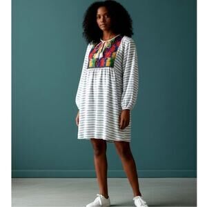 J.Crew Mexican Inspired Embroidered 100% Cotton Tunic Dress XXS Blue Stripe Boho